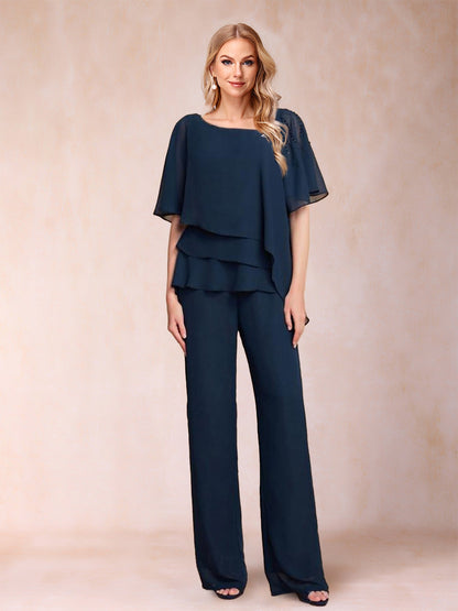 Chiffon V-Ausschnitt Halbarm 2 Teilig Hosenanzug mit Strass