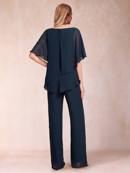 Chiffon V-Ausschnitt Halbarm 2 Teilig Hosenanzug mit Strass