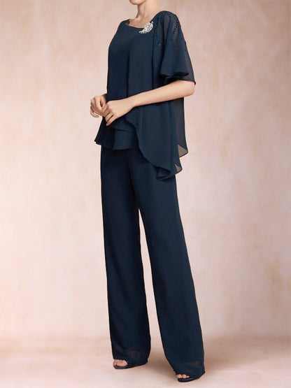 Chiffon V-Ausschnitt Halbarm 2 Teilig Hosenanzug mit Strass