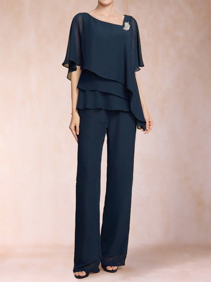Chiffon V-Ausschnitt Halbarm 2 Teilig Hosenanzug mit Strass
