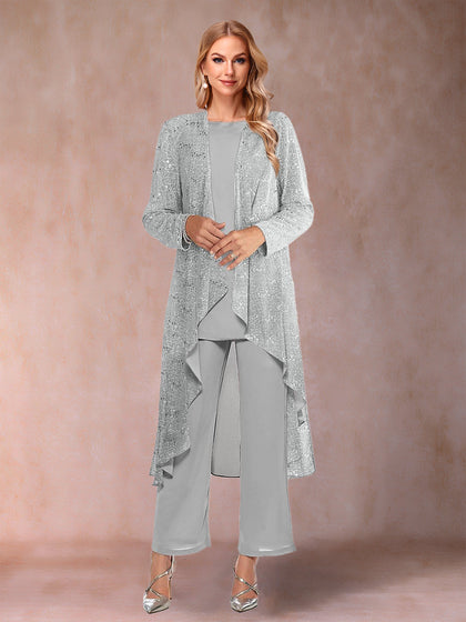 3-teiliger Hosenanzug aus Chiffon mit U-Ausschnitt und langen Ärmeln, Pailletten und Jacke