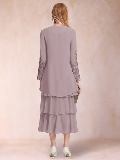 A-Linie/Prinzessin-Linie, U-Ausschnitt, lange Ärmel, gestuftes 2-teiliges Kleid für die Brautmutter mit Applikationen und Jacke