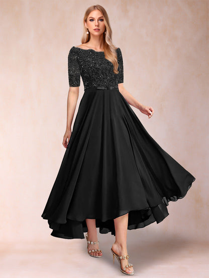 A-Linie/Princess-Linie Chiffon U-Ausschnitt Halbarm Kleider für die Brautmutter mit Applikationen