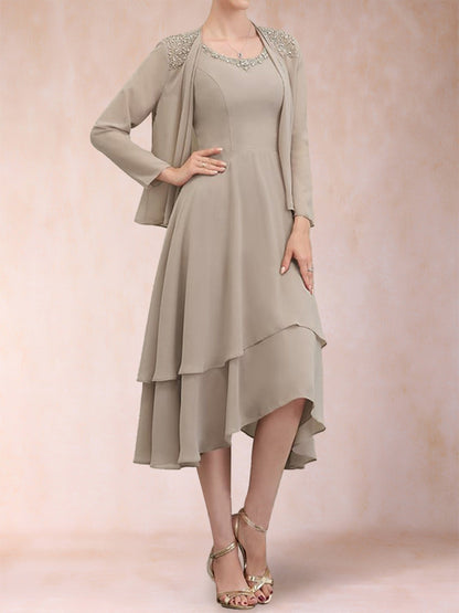 A-Linie/Princess-Linie, U-Ausschnitt, lange Ärmel, 2-teilig mit Pailletten und Jacke