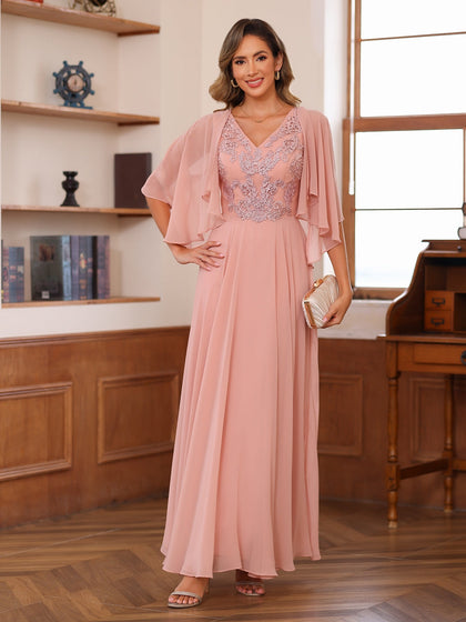 A-Linie/Princess-Linie V-Ausschnitt Applikationen Chiffon Kleider für die Brautmutter mit Jacke