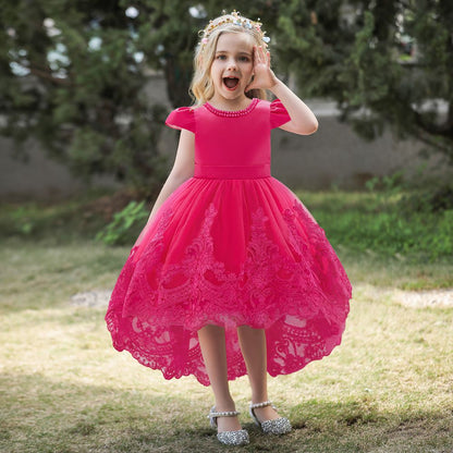 Ballkleid mit U-Ausschnitt und kurzen Ärmeln, Blumenmädchenkleider mit Applikationen und Perlen
