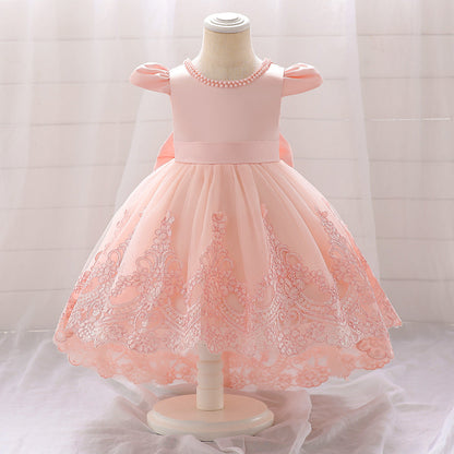 Ballkleid mit U-Ausschnitt und kurzen Ärmeln, Blumenmädchenkleider mit Applikationen und Perlen
