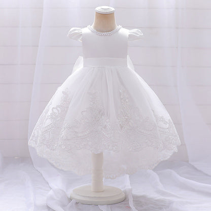 Ballkleid mit U-Ausschnitt und kurzen Ärmeln, Blumenmädchenkleider mit Applikationen und Perlen