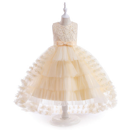 Prinzessin Ballkleid U-Ausschnitt Stickerei Stufenkleid Blumenmädchenkleider mit Gürtel