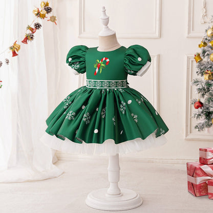 A-Linie/Princess-Linie Rundhalsausschnitt Puffärmel Plissee Weihnachtskleider für Mädchen