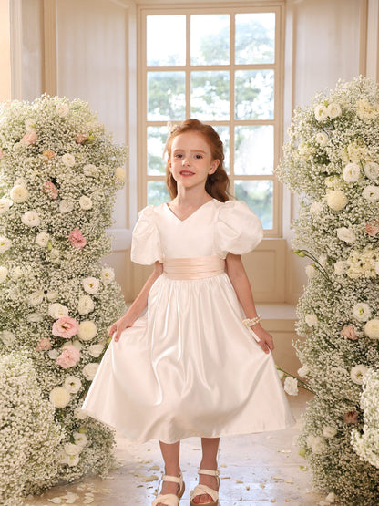 A-Linie/Princess-Linie V-Ausschnitt Puffärmel Blumenmädchenkleider mit Schärpe