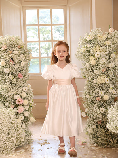 A-Linie/Princess-Linie V-Ausschnitt Puffärmel Blumenmädchenkleider mit Schärpe
