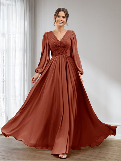 A-Linie/Princess-Linie V-Ausschnitt Lange Ärmel Chiffon Lange Brautjungfernkleider mit Taschen