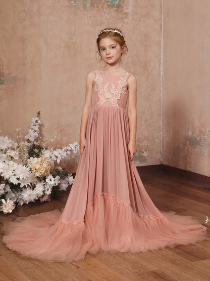 A-Linie/Princess-Linie Chiffon Ärmellos Rechteckiger Ausschnitt Bodenlang Blumenmädchenkleider