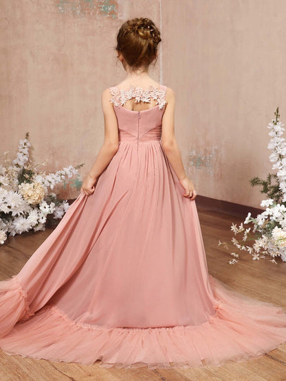 A-Linie/Princess-Linie Chiffon Ärmellos Rechteckiger Ausschnitt Bodenlang Blumenmädchenkleider