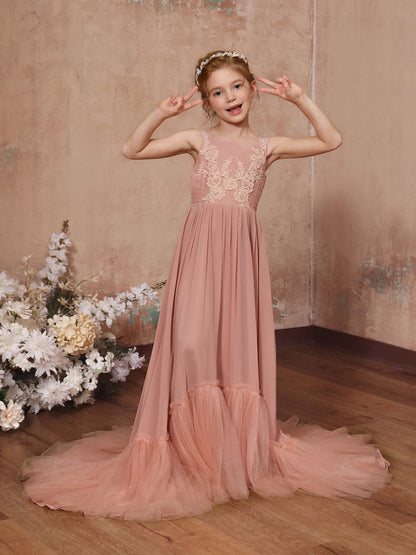 A-Linie/Princess-Linie Chiffon Ärmellos Rechteckiger Ausschnitt Bodenlang Blumenmädchenkleider