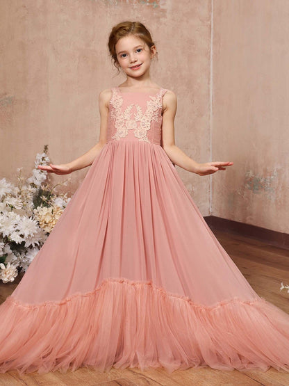 A-Linie/Princess-Linie Chiffon Ärmellos Rechteckiger Ausschnitt Bodenlang Blumenmädchenkleider