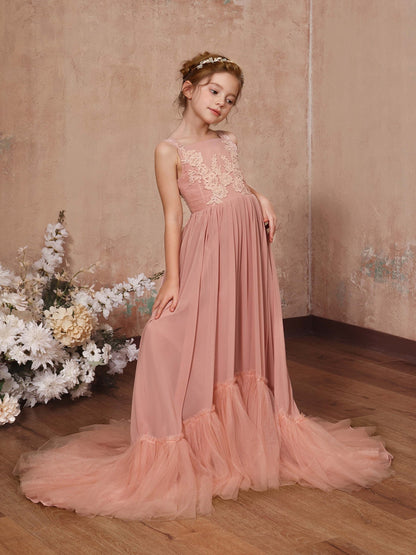 A-Linie/Princess-Linie Chiffon Ärmellos Rechteckiger Ausschnitt Bodenlang Blumenmädchenkleider