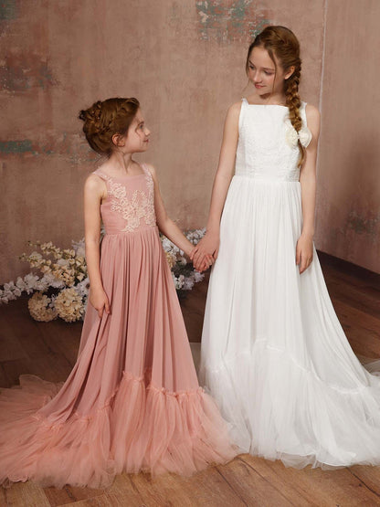 A-Linie/Princess-Linie Chiffon Ärmellos Rechteckiger Ausschnitt Bodenlang Blumenmädchenkleider