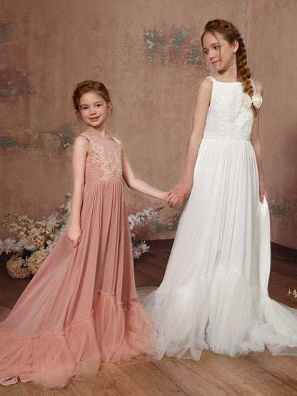 A-Linie/Princess-Linie Chiffon Ärmellos Rechteckiger Ausschnitt Bodenlang Blumenmädchenkleider