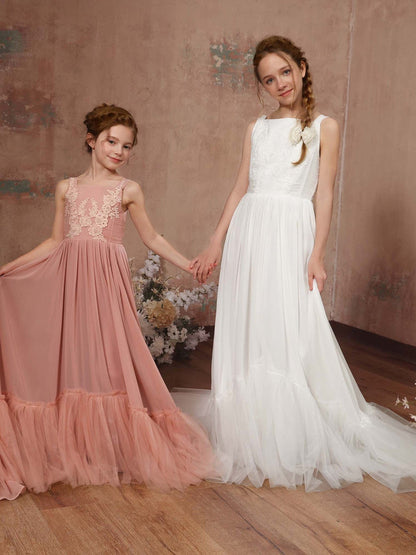 A-Linie/Princess-Linie Chiffon Ärmellos Rechteckiger Ausschnitt Bodenlang Blumenmädchenkleider