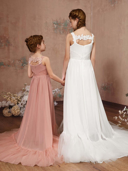A-Linie/Princess-Linie Chiffon Ärmellos Rechteckiger Ausschnitt Bodenlang Blumenmädchenkleider