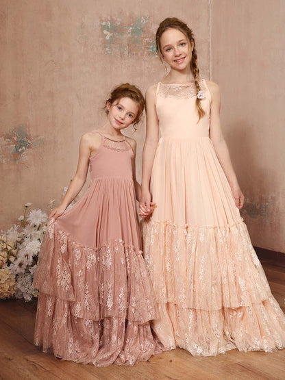 A-Linie/Princess-Linie Spitze Chiffon Ärmellos U-Ausschnitt Bodenlang Blumenmädchenkleider
