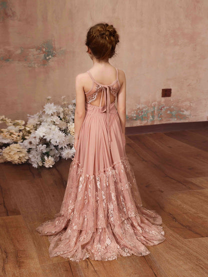 A-Linie/Princess-Linie Spitze Chiffon Ärmellos U-Ausschnitt Bodenlang Blumenmädchenkleider