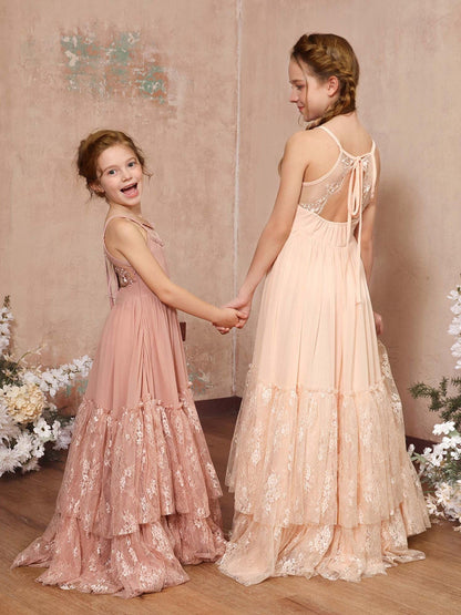 A-Linie/Princess-Linie Spitze Chiffon Ärmellos U-Ausschnitt Bodenlang Blumenmädchenkleider