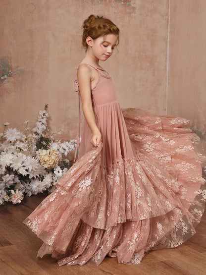 A-Linie/Princess-Linie Spitze Chiffon Ärmellos U-Ausschnitt Bodenlang Blumenmädchenkleider