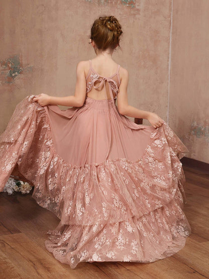 A-Linie/Princess-Linie Spitze Chiffon Ärmellos U-Ausschnitt Bodenlang Blumenmädchenkleider