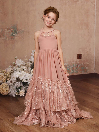 A-Linie/Princess-Linie Spitze Chiffon Ärmellos U-Ausschnitt Bodenlang Blumenmädchenkleider