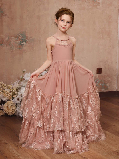 A-Linie/Princess-Linie Spitze Chiffon Ärmellos U-Ausschnitt Bodenlang Blumenmädchenkleider