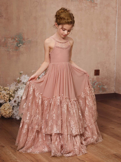 A-Linie/Princess-Linie Spitze Chiffon Ärmellos U-Ausschnitt Bodenlang Blumenmädchenkleider