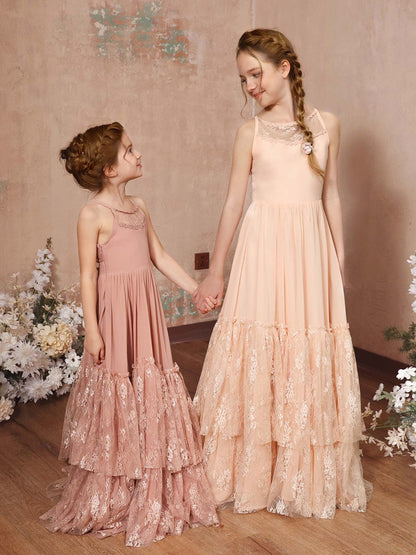 A-Linie/Princess-Linie Spitze Chiffon Ärmellos U-Ausschnitt Bodenlang Blumenmädchenkleider