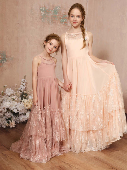 A-Linie/Princess-Linie Spitze Chiffon Ärmellos U-Ausschnitt Bodenlang Blumenmädchenkleider