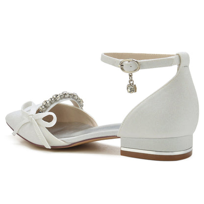 Damen Stretch Glitzer Mit Knöchelriemen Bowknot Strass Geschlossene Zehenpartie Flacher Absatz Partyschuhe