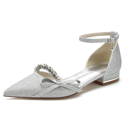 Damen Stretch Glitzer Mit Knöchelriemen Bowknot Strass Geschlossene Zehenpartie Flacher Absatz Partyschuhe