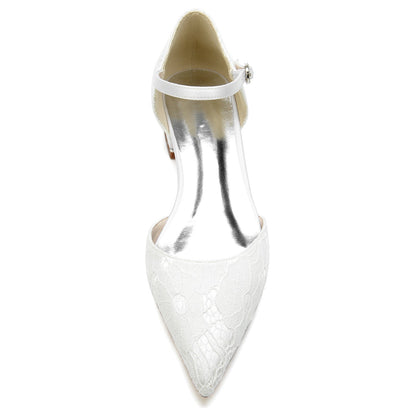 Damen Seidensatin mit Knöchelriemen Spitze Geschlossene Zehen Flacher Absatz Hochzeitsschuhe