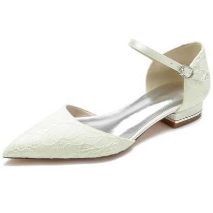 Damen Seidensatin mit Knöchelriemen Spitze Geschlossene Zehen Flacher Absatz Hochzeitsschuhe