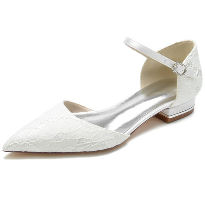 Damen Seidensatin mit Knöchelriemen Spitze Geschlossene Zehen Flacher Absatz Hochzeitsschuhe