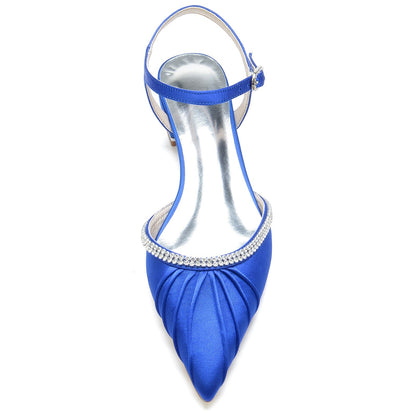 Damen Seidensatin mit geschlossener Spitze Knöchelriemen Strass Flacher Absatz Hochzeitsschuhe
