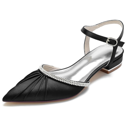 Damen Seidensatin mit geschlossener Spitze Knöchelriemen Strass Flacher Absatz Hochzeitsschuhe