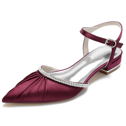 Damen Seidensatin mit geschlossener Spitze Knöchelriemen Strass Flacher Absatz Hochzeitsschuhe
