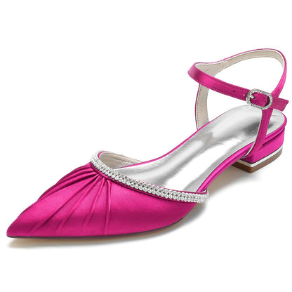 Damen Seidensatin mit geschlossener Spitze Knöchelriemen Strass Flacher Absatz Hochzeitsschuhe