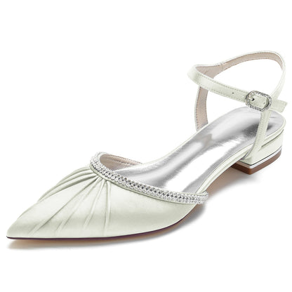 Damen Seidensatin mit geschlossener Spitze Knöchelriemen Strass Flacher Absatz Hochzeitsschuhe