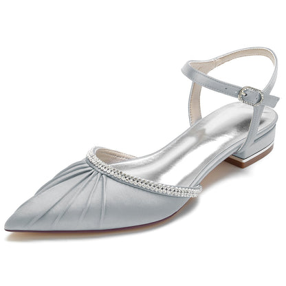 Damen Seidensatin mit geschlossener Spitze Knöchelriemen Strass Flacher Absatz Hochzeitsschuhe