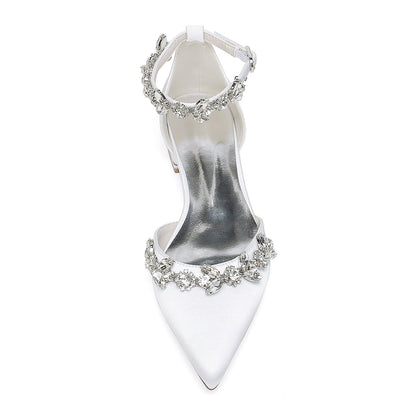 Damen Seidensatin mit Strass Knöchelriemen Flacher Absatz Geschlossene Zehen Partyschuhe