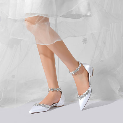 Damen Seidensatin mit Strass Knöchelriemen Flacher Absatz Geschlossene Zehen Partyschuhe