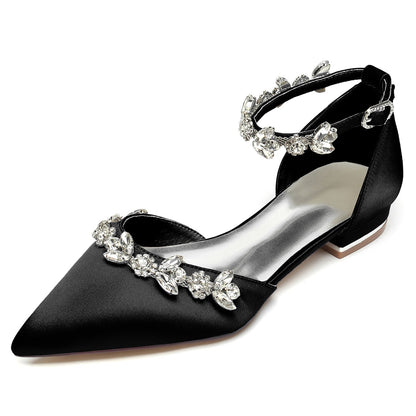 Damen Seidensatin mit Strass Knöchelriemen Flacher Absatz Geschlossene Zehen Partyschuhe
